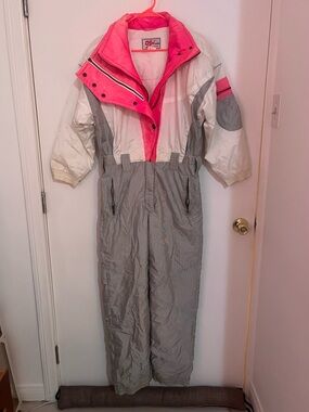 vintage OSSI ski suit / retro snowsuit neon pink grey one piece